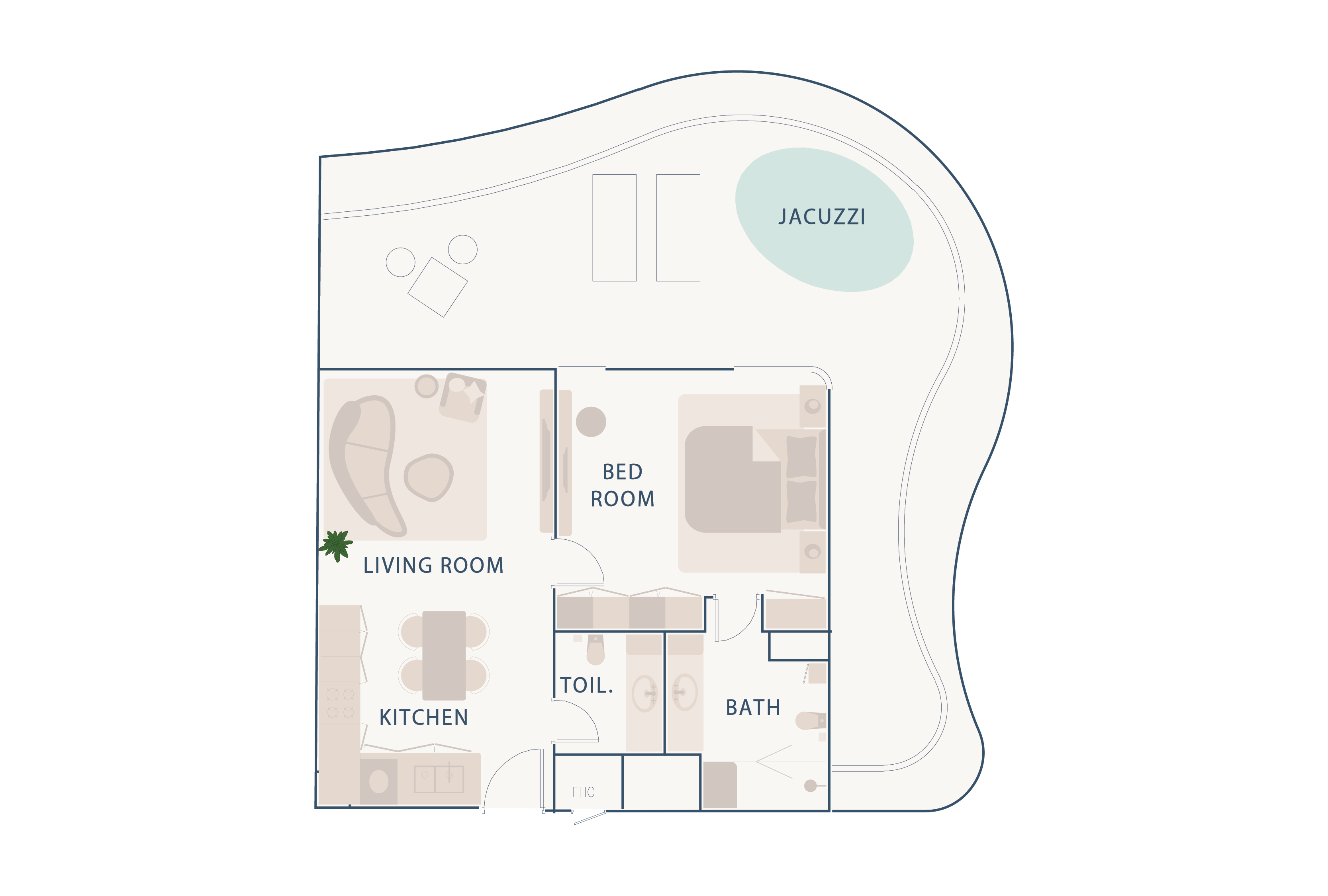 Beach Walk Residence A floor plan depicting a layout with a living room, kitchen, bedroom, bathroom, and a jacuzzi area outside.